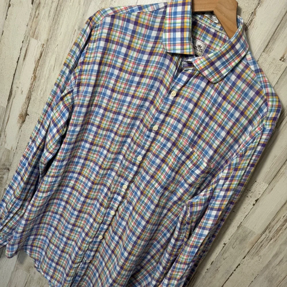 Peter Millar Crown Crafted Plaid Pastel 100% Linen Button Up Shirt Mens Size L